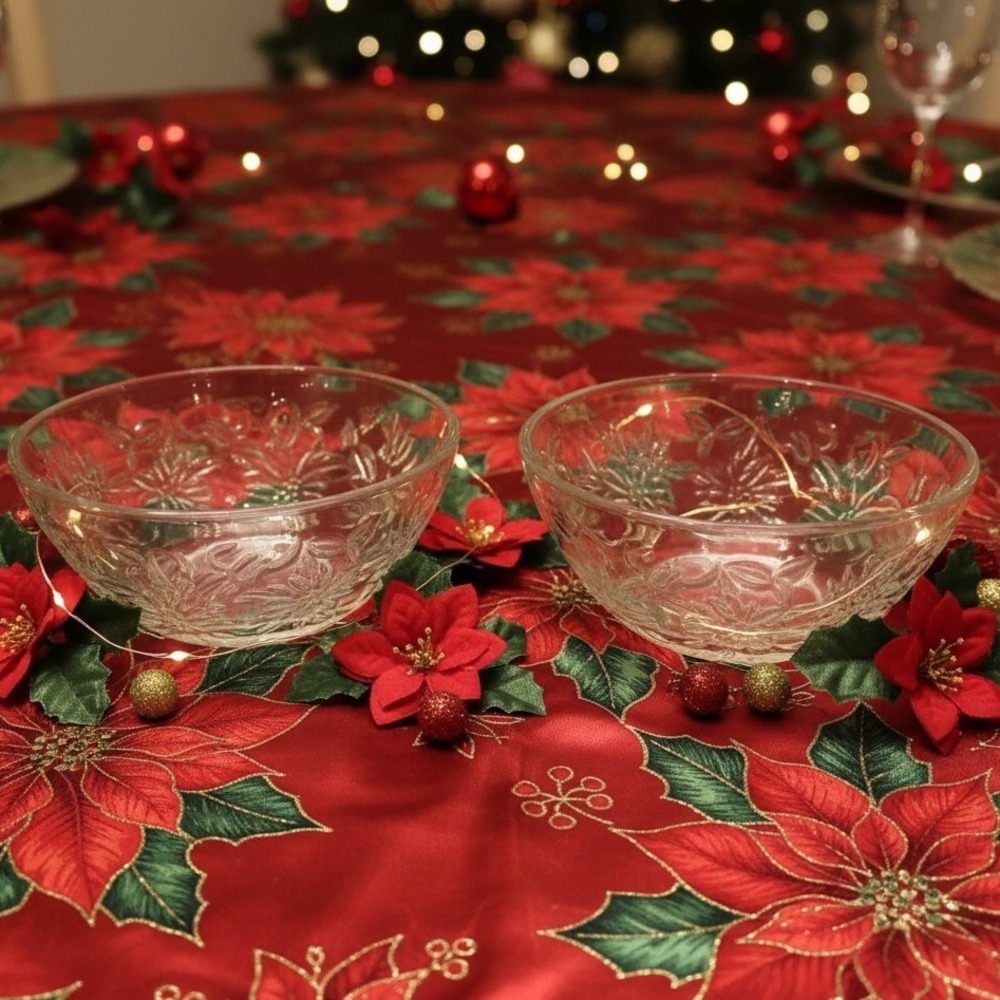 Princess House Fantasia Cereal Bowls, Set of 2, Etched Crystal Poinsettia Design